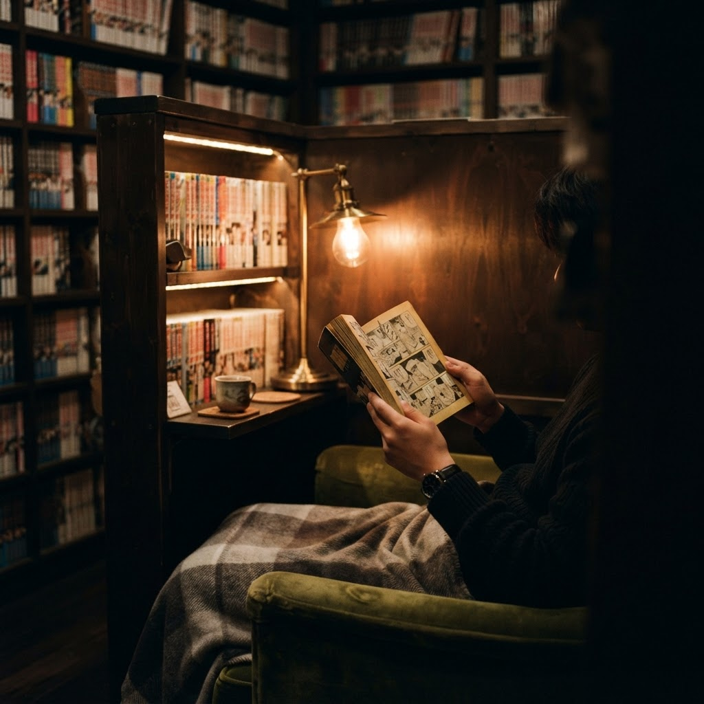 Coin lecture avec canapé et mangas en libre accès